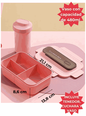 Imagen 2 del producto Fiambrera Contenedor 1200 Ml Lunch Box Táper Hermético + Vaso Plástico Pink