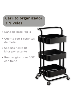 Imagen 2 del producto Carrito De Almacenamiento Organizador 3 Niveles Con Ruedas Color Negro