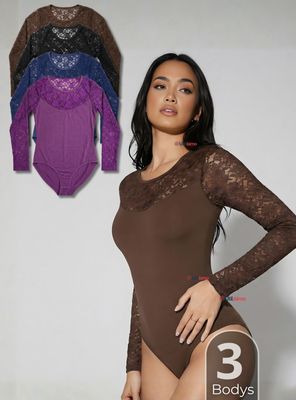 Imagen 1 del producto Pack 3 Body Manga Larga Con Encaje Bambú Mujer de Colores Surtidos