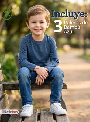 Imagen 2 del producto Pack 3 Poleras Camisetas Bambú Azul Claro Cuello Redondo Primera Capa Manga Larga Niño