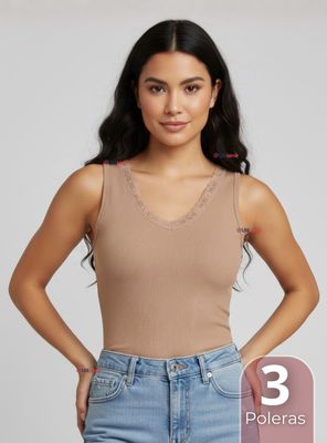 Imagen 1 del producto Pack 3 Camiseta Polera Sin Mangas Tela Acanalada Algodón Cuello V Mujer Colores Surtidos