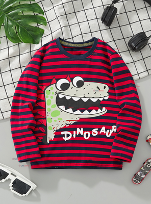 Polera Algodón Manga Larga Niño Camiseta Dinosaurio Rojo