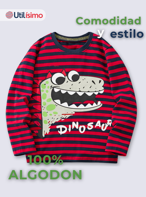 Imagen 2 del producto Polera Algodón Manga Larga Niño Camiseta Dinosaurio Rojo