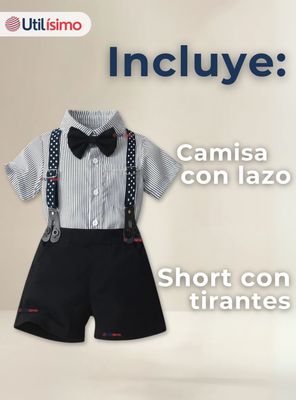 Imagen 2 del producto Conjunto de Vestir con Tirantes Camisa Blanca de Rayas Pantalón Corto de Algodón Niño y bebe