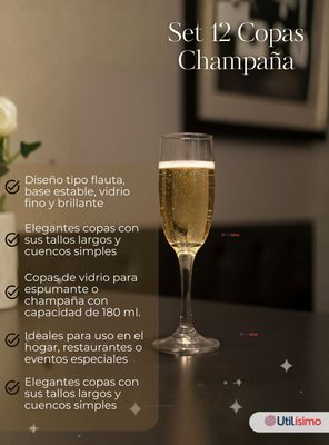 Imagen 2 del producto Set de 12 Copas de Champaña Espumante de Vidrio 180 ml