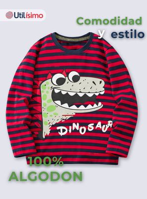 Imagen 2 del producto Polera Algodón Manga Larga Niños Camiseta Dinosaurio Rojo
