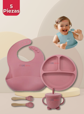 Set De Alimentación Bebé Silicona Con Vaso 5 Piezas Libre BPA Rosa Oscuro