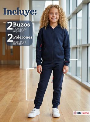 Imagen 2 del producto Pack 2 Conjuntos Escolares Buzo Pantalón Y Polerón 100% Algodón Niño Unisex Azul 3 a 16 años