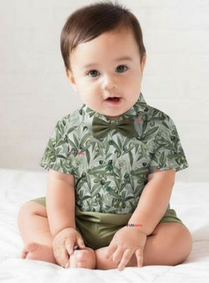 Conjunto de Vestir Camisa Estampada Con Lazo Verde  Y Pantalón Corto Algodón Bebé