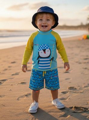 Traje de Baño Manga Larga Pantalón Corto 2 Piezas Corte Split Niño 3 a 9 años Blue Penguin