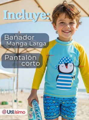 Imagen 2 del producto Traje de Baño Manga Larga Pantalón Corto 2 Piezas Corte Split Niño 3 a 9 años Blue Penguin