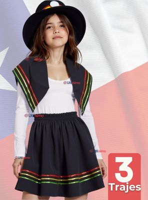Pack 3 Traje Nortino Negro 3 Piezas Niña Fiestas Patrias
