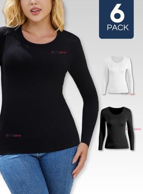 Pack 6 Camiseta Bambú Manga Larga Primera Capa Mujer Polera Blanco y Negro