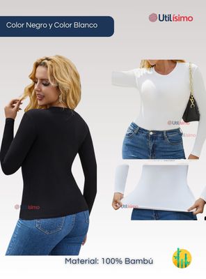 Imagen 2 del producto Pack 6 Camiseta Bambú Manga Larga Primera Capa Mujer Polera Blanco y Negro