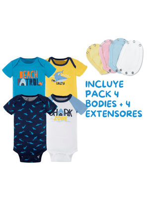 Imagen 2 del producto Pack 4 Unidades Extensor Body Bebé +Pack 4 Bodys Algodón Niño Manga Corta Tiburón Azul