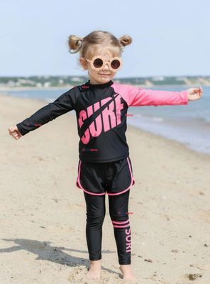 Traje de Baño Manga Larga Pantalón Largo Pantalón Corto 3 Piezas Corte Split Niña 3 a 11 años Black