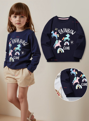 Polera Algodón Manga Larga Niñas Camiseta Negro Unicornio