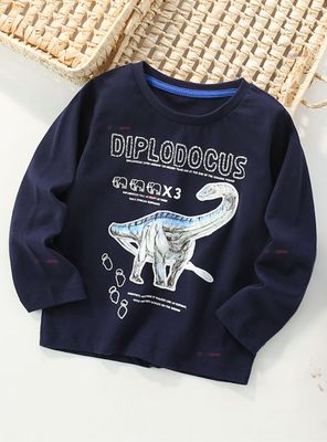 Polera Algodón Manga Larga Niños Camiseta Dinosaurio Azul