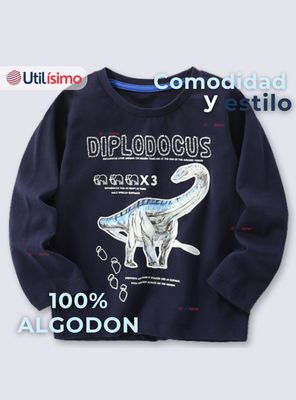 Imagen 2 del producto Polera Algodón Manga Larga Niños Camiseta Dinosaurio Azul