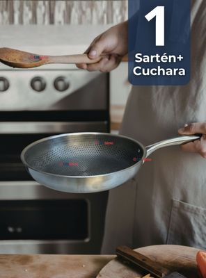 Sartén de Acero Inoxidable Antiadherente 28cm +Cuchara de Madera de Bambú