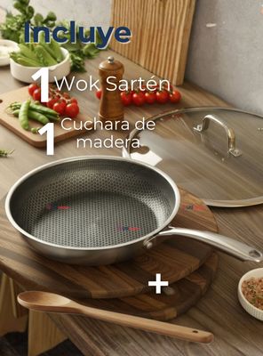 Imagen 2 del producto Sartén de Acero Inoxidable Antiadherente 28cm +Cuchara de Madera de Bambú
