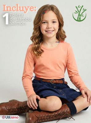 Imagen 2 del producto Camiseta Polera Bambú Cuello Redondo Salmón Primera Capa de Mangas Largas para Niñas