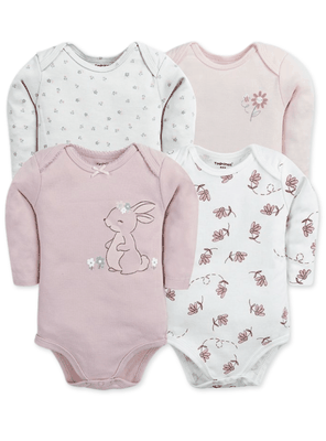 Pack 4 Bodys Bebé Niña Manga Larga Tedmimak 100% Algodón Rabbit With Flowers