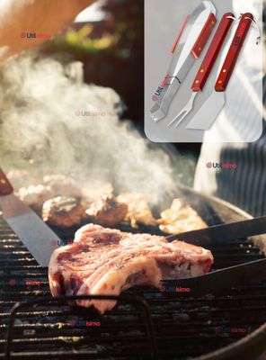 Kit Parrillero 3 Piezas Para Asados Mango Madera Acero Inoxidable