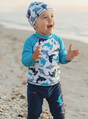 Traje de Baño Con Gorro Pantalón Largo 3 Piezas Corte Split Manga Larga Niño 3 a 11 años White Shark