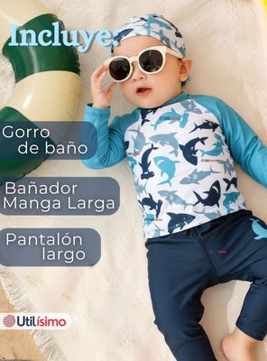 Imagen 2 del producto Traje de Baño Con Gorro Pantalón Largo 3 Piezas Corte Split Manga Larga Niño 3 a 11 años White Shark