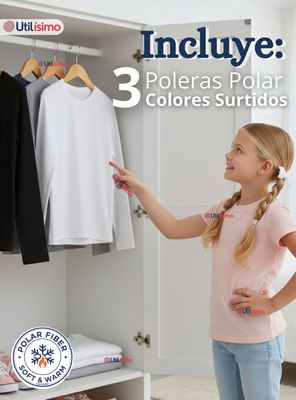 Imagen 2 del producto Pack 3 Poleras Camisetas Polar Primera Capa Cuello Redondo Manga Larga Colores Surtido Niñas