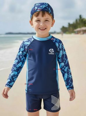 Traje de Baño Con Gorro Pantalón Corto Manga Larga 3 Piezas Corte Split Niño 2 a 8 años Blue