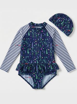 Traje de Baño Enterito Cremallera Manga Larga Con Gorro para Niñas de 1 a 8 años Blue Flowers