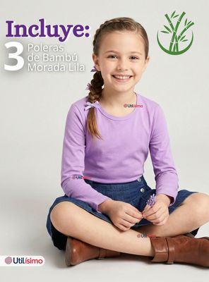 Imagen 2 del producto Pack 3 Camisetas Poleras Bambú Cuello Redondo Lila Primera Capa Manga Larga Niña