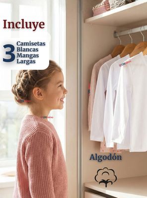 Imagen 2 del producto Pack 3 Camisetas Algodón Manga Larga Polera Primera Capa Color Blanco para Niñas