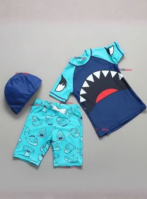 Traje de Baño de 3 Piezas Manga Corta Pantalón Corto y Gorro Corte Split Niño 2 a 8 años Blue Shark