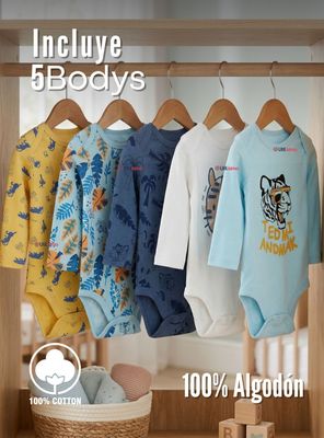 Imagen 2 del producto Pack 5 Bodys Manga Larga 100% Algodón Bebé Niños Wild Tiger