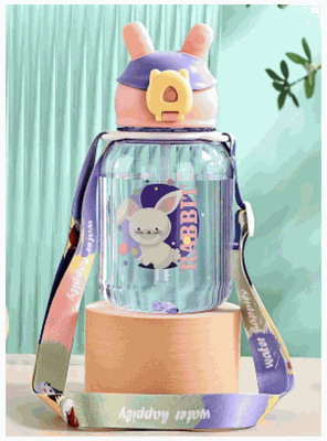 Imagen 1 del producto Botella Plástica 600ML Con Bombilla y Correa Kawai Sin BPA Niños Rabbit