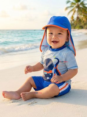 Traje de Baño Con Gorro Pantalón Corto Manga Corta 3 Piezas Corte Split Niño 1 a 5 años Blue Octopus