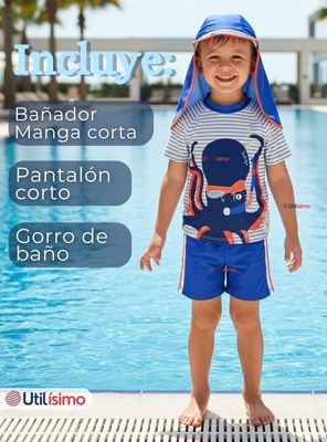 Imagen 2 del producto Traje de Baño Con Gorro Pantalón Corto Manga Corta 3 Piezas Corte Split Niño 1 a 5 años Blue Octopus