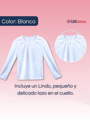 Imagen 2 del producto Camiseta Algodón Manga Larga Polera Primera Capa Niña Cuello Redondo Blanca