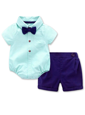 Conjunto de Vestir Niño Body Estilo Camisa y Pantalón Corto 6 a 24 Meses Rayas Verdes