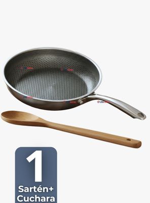 Imagen 1 del producto Sartén Acero Inoxidable Antiadherente 28cm +Cuchara de Madera de Bambú
