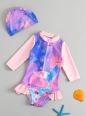 Traje De Baño Enterito Manga Larga con Cremallera y Gorro de Baño para Bebe Niña Pink Mermaid