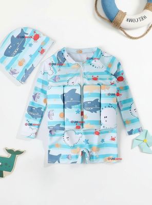 Traje de Baño Enterito con Flotador y Gorro de Baño 2 Piezas para Niño 9 a 36 Meses Blue Sea