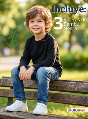Imagen 2 del producto Pack 3 Poleras Camisetas Bambú Negra Cuello Redondo Primera Capa Manga Largas Niños