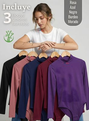Imagen 2 del producto Pack 3 Bodys Manga Larga Bambú Cuello Alto Beatle Mujer Color Surtidos