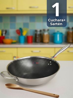 Sartén Wok Acero Inoxidable Antiadherente 34cm +Cuchara Madera Bambú