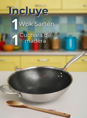 Imagen 2 del producto Sartén Wok Acero Inoxidable Antiadherente 34cm +Cuchara Madera Bambú