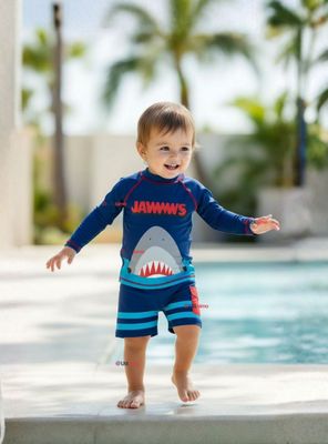 Traje De Baño 2 piezas Manga Larga y Pantalón Corto Niño de 3 a 11 años Blue Shark